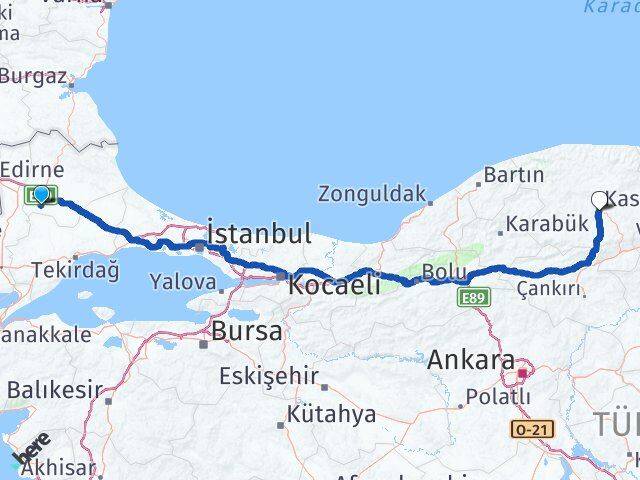 Kırklareli Babaeski Kastamonu Arası Kaç Km - Yol Haritası