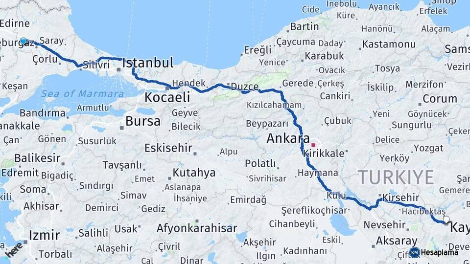 Kırklareli Babaeski Kayseri Arası Kaç Km - Yol Haritası