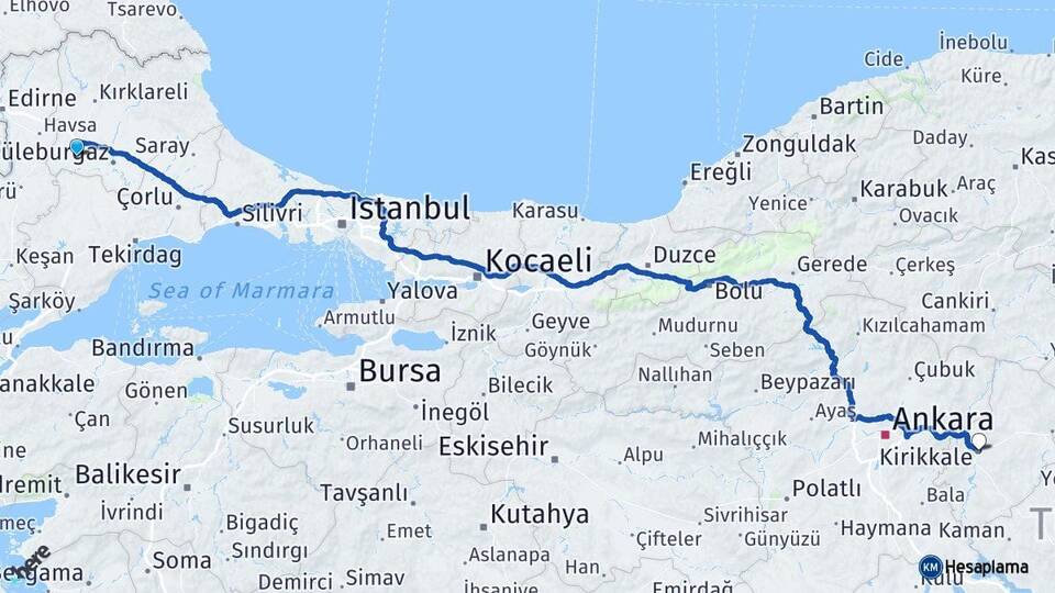 Kırklareli Babaeski Kırıkkale Arası Kaç Km - Yol Haritası