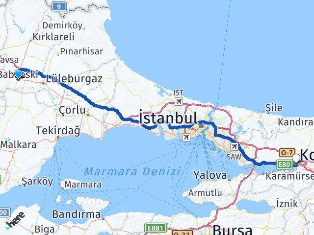 Kırklareli Babaeski Kocaeli Arası Kaç Km - Yol Haritası