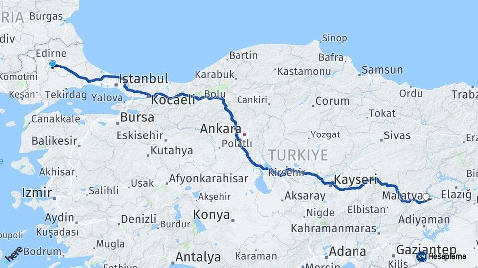 Kırklareli Babaeski Malatya Arası Kaç Km - Yol Haritası