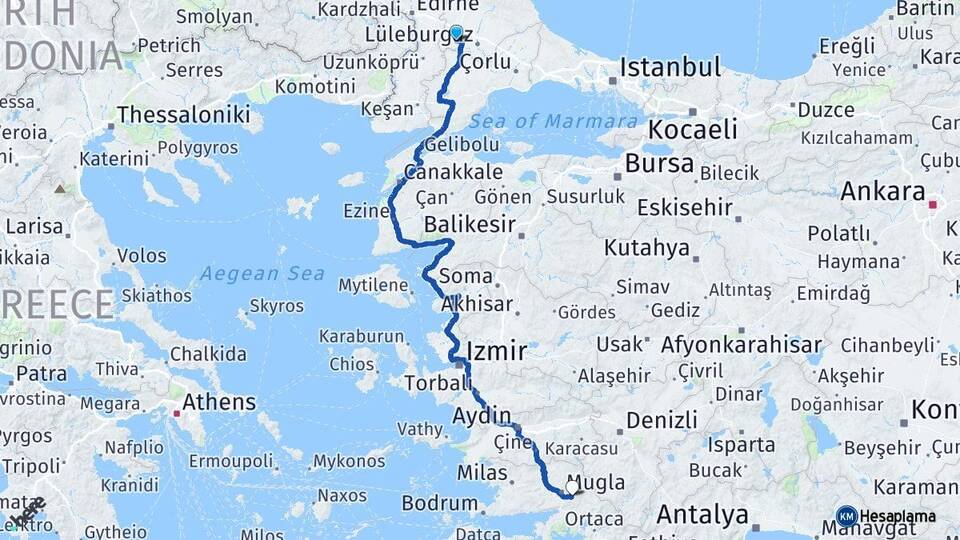 Kırklareli Babaeski Muğla Arası Kaç Km - Yol Haritası