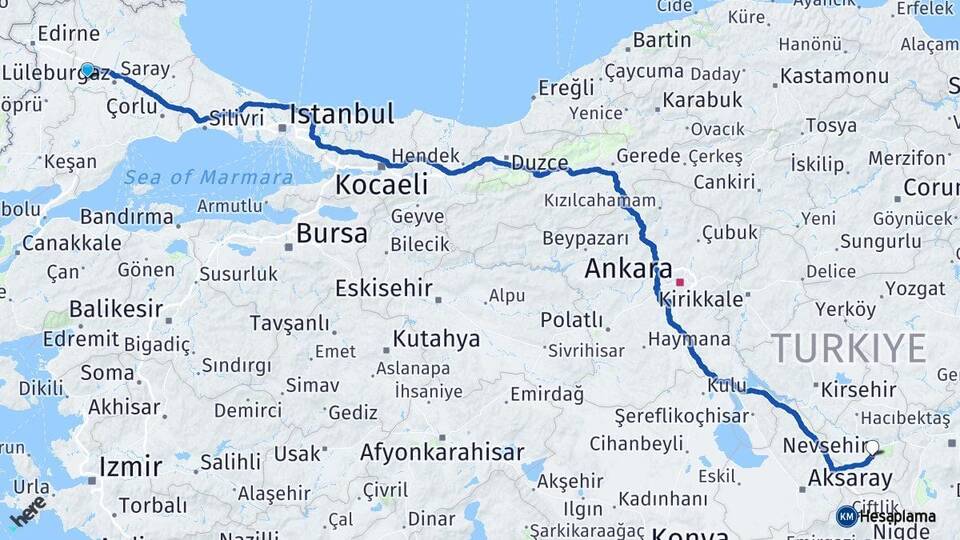 Kırklareli Babaeski Nevşehir Arası Kaç Km - Yol Haritası