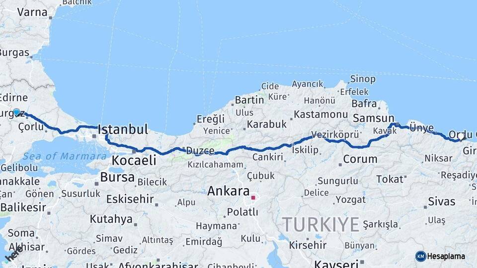 Kırklareli Babaeski Ordu Arası Kaç Km - Yol Haritası