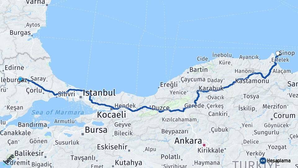 Kırklareli Babaeski Sinop Arası Kaç Km - Yol Haritası