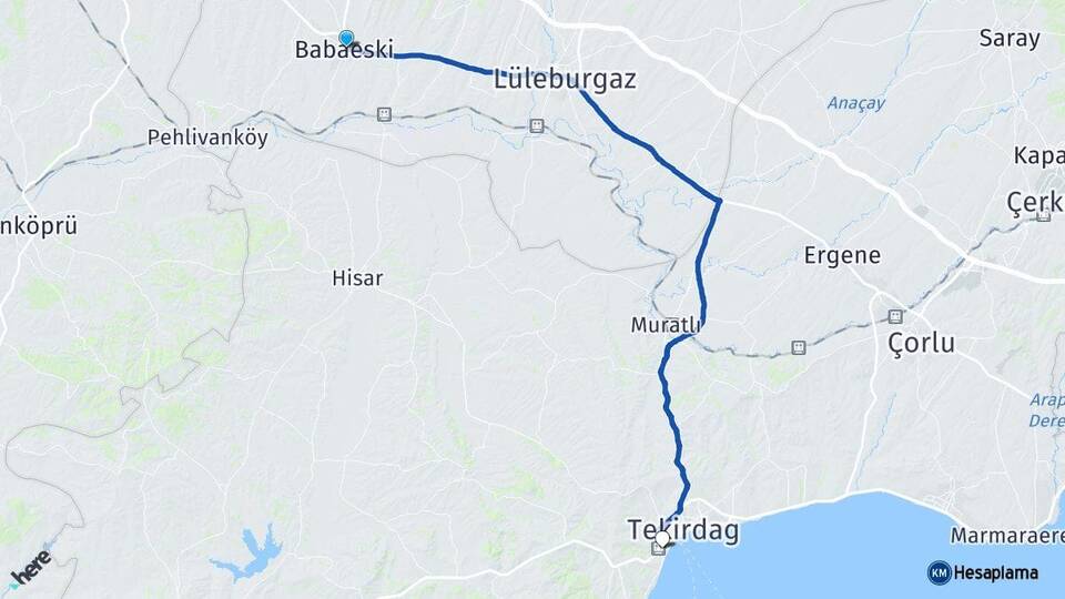 Kırklareli Babaeski Süleymanpaşa Tekirdağ Arası Kaç Km - Yol Haritası