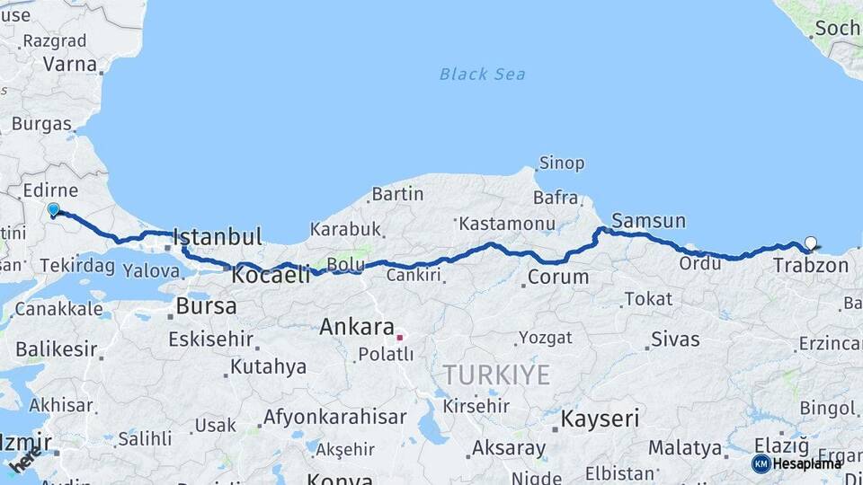 Kırklareli Babaeski Trabzon Arası Kaç Km - Yol Haritası