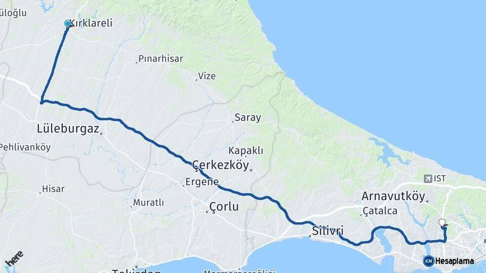 Kırklareli Başakşehir İstanbul Arası Kaç Km - Yol Haritası