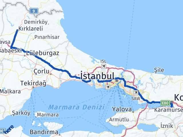 Kırklareli Başiskele Kocaeli Arası Kaç Km - Yol Haritası