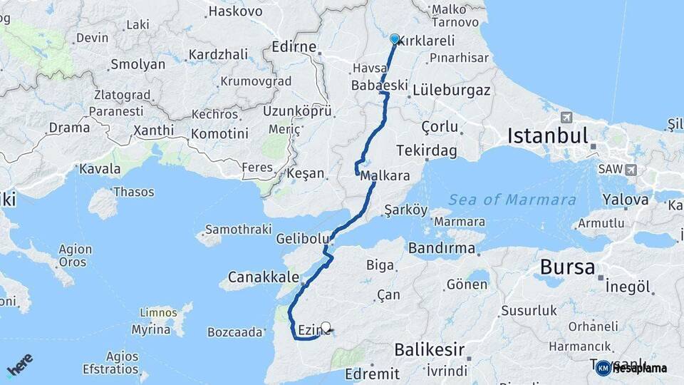 Kırklareli Bayramiç Çanakkale Arası Kaç Km - Yol Haritası