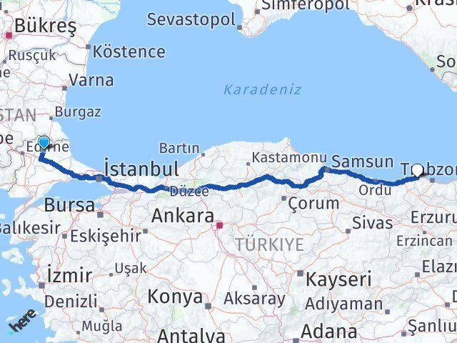 Kırklareli Beşikdüzü Trabzon Arası Kaç Km - Yol Haritası