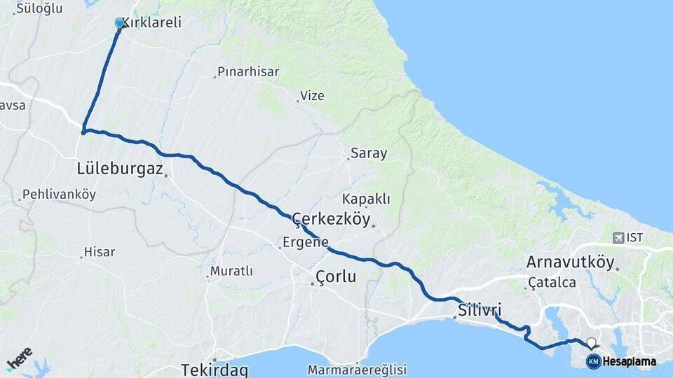 Kırklareli Beylikdüzü İstanbul Arası Kaç Km - Yol Haritası