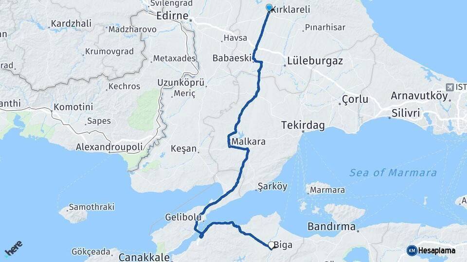 Kırklareli Biga Çanakkale Arası Kaç Km - Yol Haritası