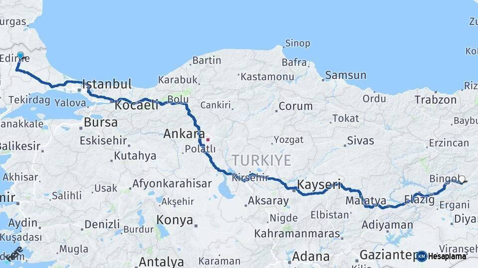 Kırklareli Bingöl Arası Kaç Km - Yol Haritası