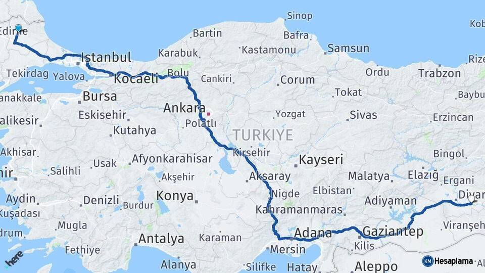 Kırklareli Bismil Diyarbakır Arası Kaç Km - Yol Haritası