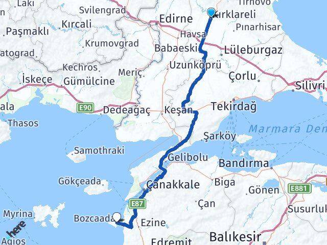 Kırklareli Bozcaada Çanakkale Arası Kaç Km - Yol Haritası