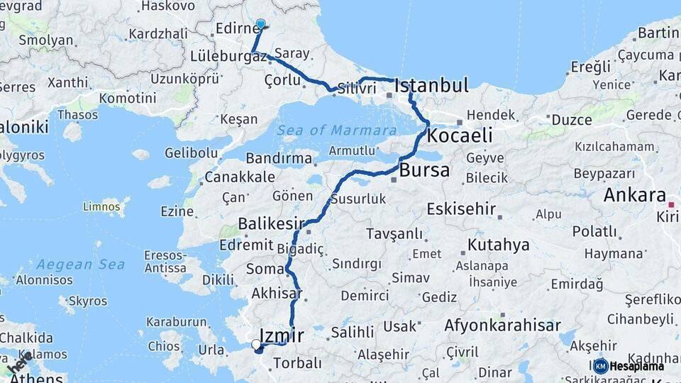 Kırklareli Buca İzmir Arası Kaç Km - Yol Haritası