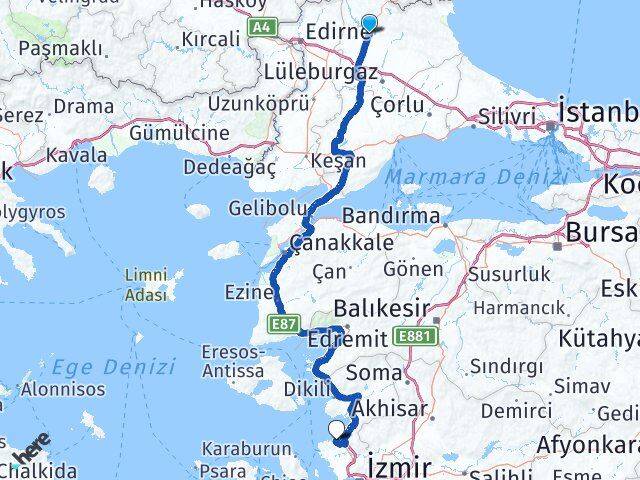Kırklareli Çakmaklı Aliağa İzmir Arası Kaç Km - Yol Haritası