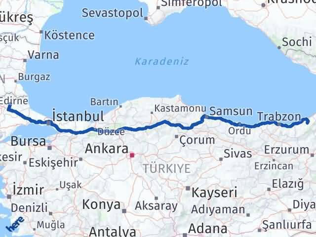 Kırklareli Çamlıhemşin Rize Arası Kaç Km - Yol Haritası