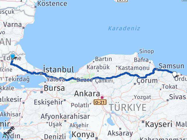 Kırklareli Çatalpınar Ordu Arası Kaç Km - Yol Haritası