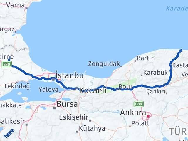 Kırklareli Çatalzeytin Kastamonu Arası Kaç Km - Yol Haritası