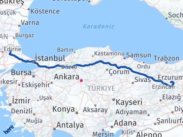 Kırklareli Çayırlı Erzincan Arası Kaç Km - Yol Haritası