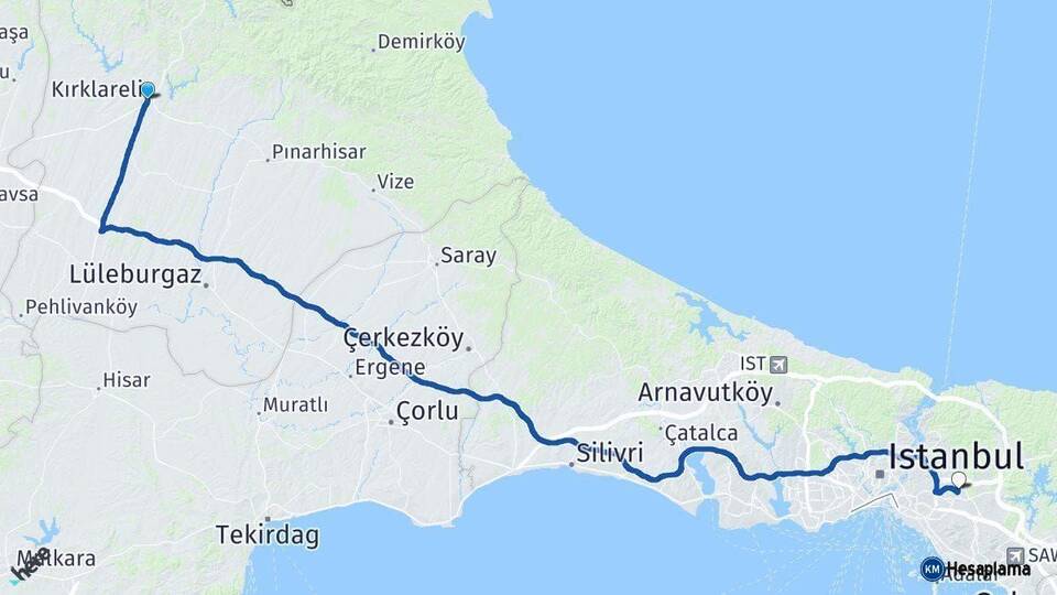 Kırklareli Çekmeköy İstanbul Arası Kaç Km - Yol Haritası