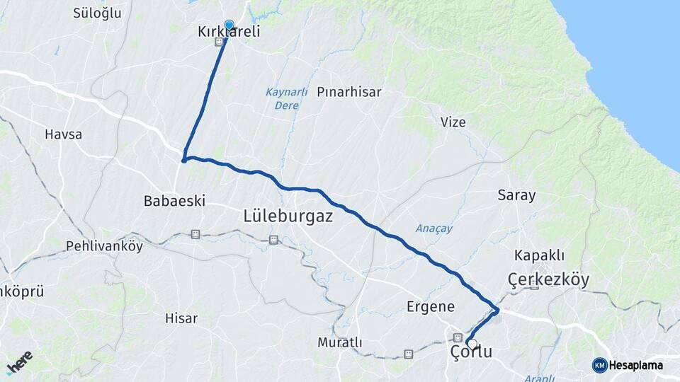 Kırklareli Çorlu Tekirdağ Arası Kaç Km - Yol Haritası