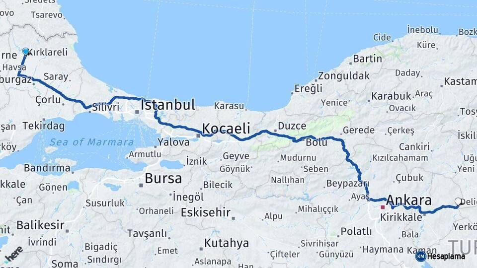 Kırklareli Delice Kırıkkale Arası Kaç Km - Yol Haritası