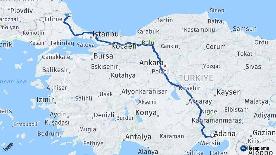 Kırklareli Demirköy Adana Arası Kaç Km - Yol Haritası