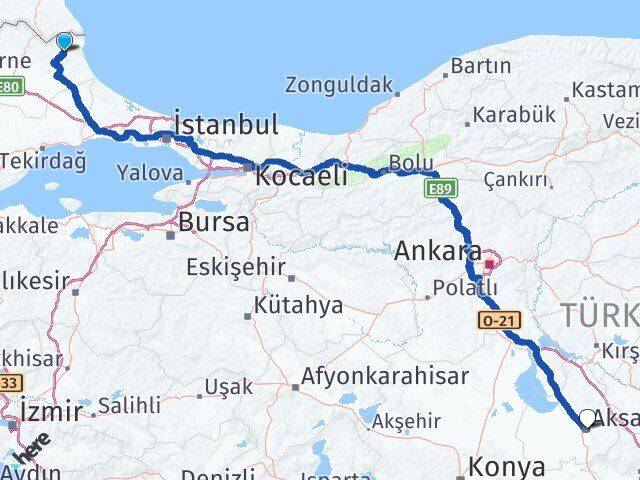 Kırklareli Demirköy Aksaray Arası Kaç Km - Yol Haritası