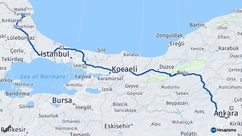 Kırklareli Demirköy Ankara Arası Kaç Km - Yol Haritası