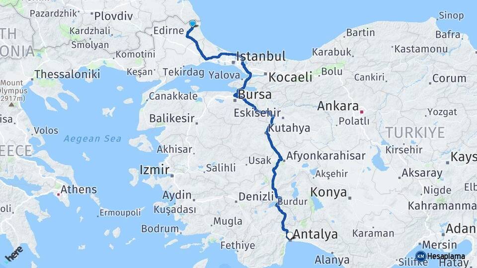 Kırklareli Demirköy Antalya Arası Kaç Km - Yol Haritası