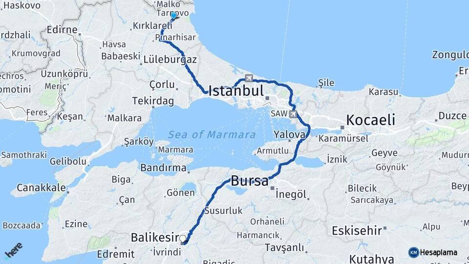 Kırklareli Demirköy Balıkesir Arası Kaç Km - Yol Haritası
