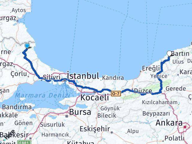 Kırklareli Demirköy Bartın Arası Kaç Km - Yol Haritası
