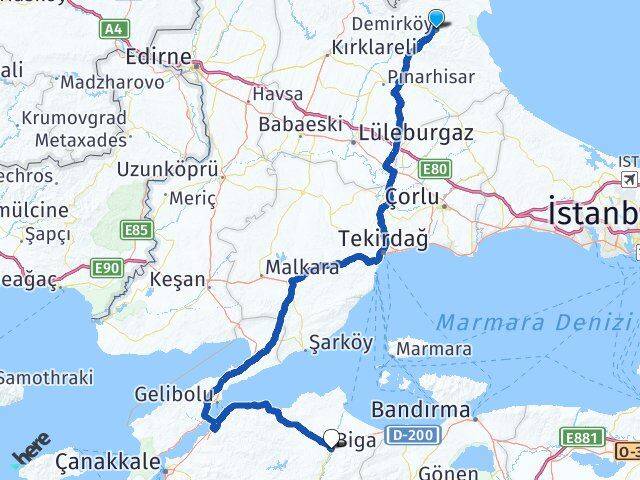 Kırklareli Demirköy Biga Çanakkale Arası Kaç Km - Yol Haritası