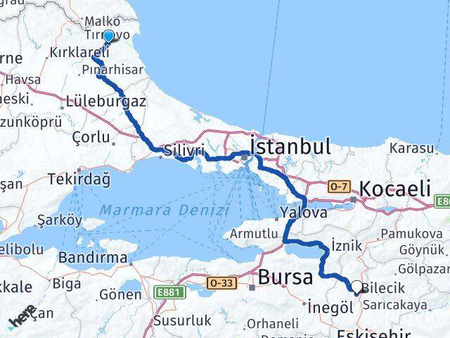 Kırklareli Demirköy Bilecik Arası Kaç Km - Yol Haritası