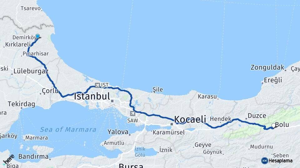 Kırklareli Demirköy Bolu Arası Kaç Km - Yol Haritası