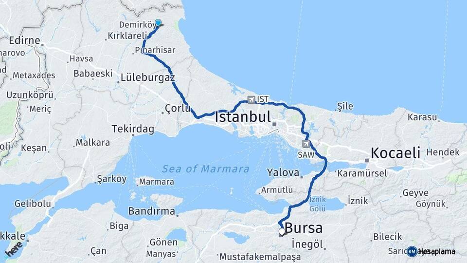 Kırklareli Demirköy Bursa Arası Kaç Km - Yol Haritası