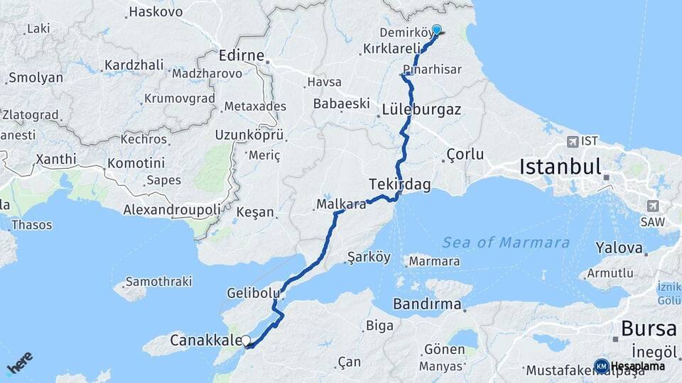 Kırklareli Demirköy Çanakkale Arası Kaç Km - Yol Haritası