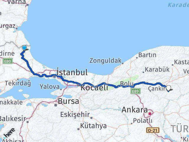 Kırklareli Demirköy Çankırı Arası Kaç Km - Yol Haritası
