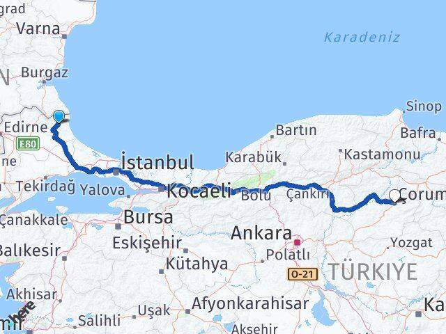 Kırklareli Demirköy Çorum Arası Kaç Km - Yol Haritası