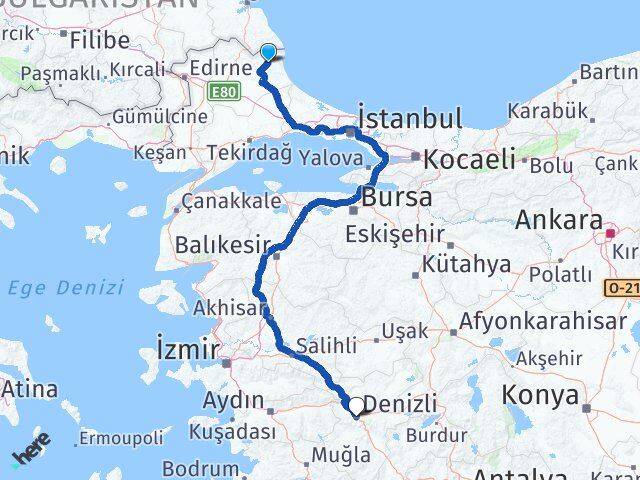 Kırklareli Demirköy Denizli Arası Kaç Km - Yol Haritası