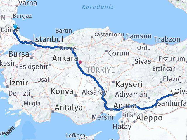 Kırklareli Demirköy Diyarbakır Arası Kaç Km - Yol Haritası