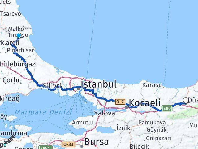 Kırklareli Demirköy Düzce Arası Kaç Km - Yol Haritası