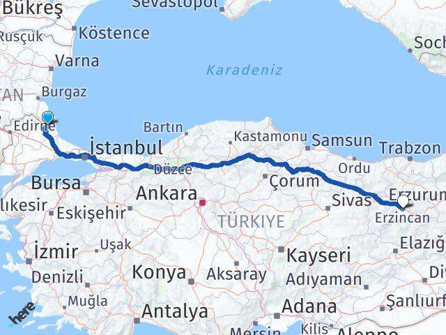 Kırklareli Demirköy Erzincan Arası Kaç Km - Yol Haritası