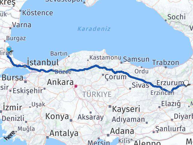 Kırklareli Demirköy Erzurum Arası Kaç Km - Yol Haritası