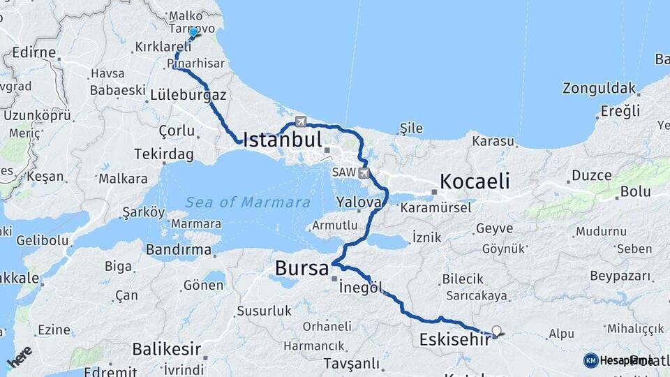 Kırklareli Demirköy Eskişehir Arası Kaç Km - Yol Haritası
