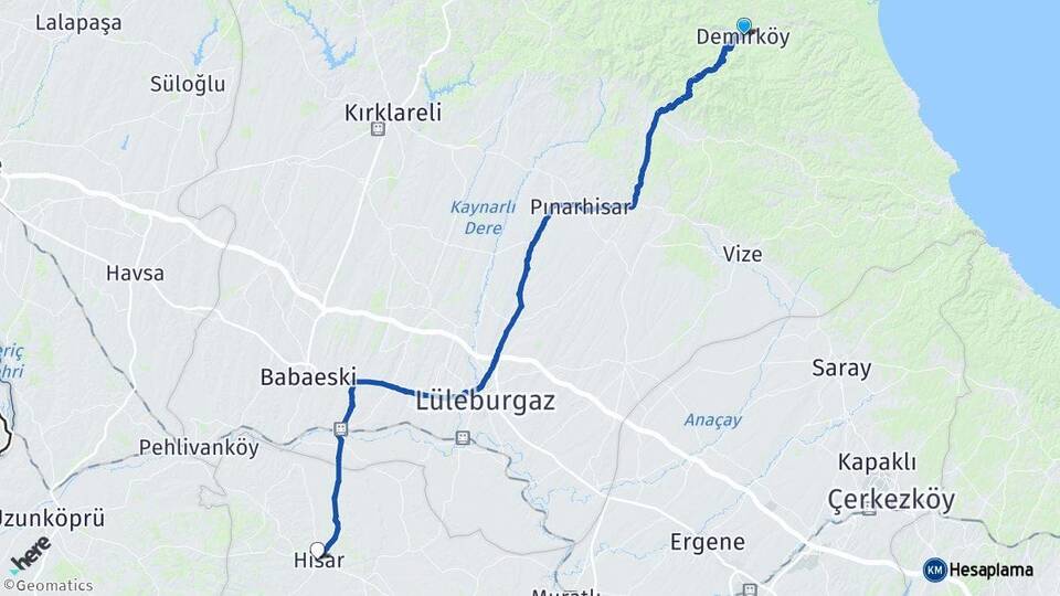 Kırklareli Demirköy Hayrabolu Tekirdağ Arası Kaç Km - Yol Haritası