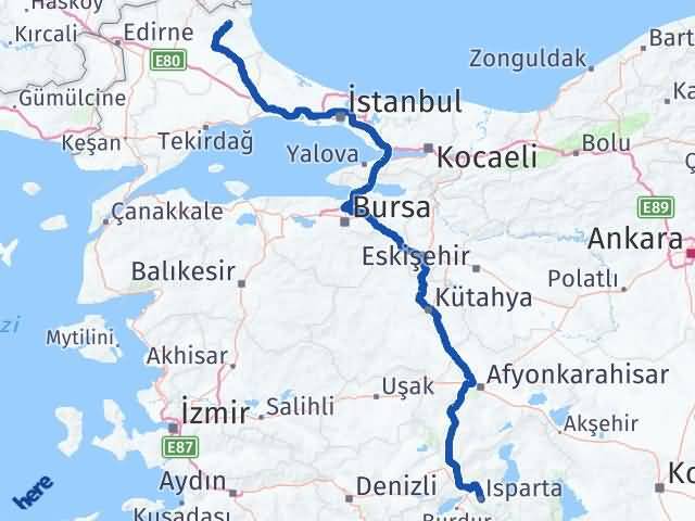 Kırklareli Demirköy Isparta Arası Kaç Km - Yol Haritası